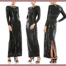 NWT $498 Mac Duggal [ 14 ] Sequined Embellished Collar Gown in Black Green #J2