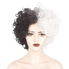 Short Afro Black and Blonde Wig for Women Cruella Deville Costume Cosplay Hal...