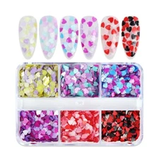 6 Grids Multi-Color LOVE Heart Nail Art Laser Sequins Glitter Flakes DIY Decor