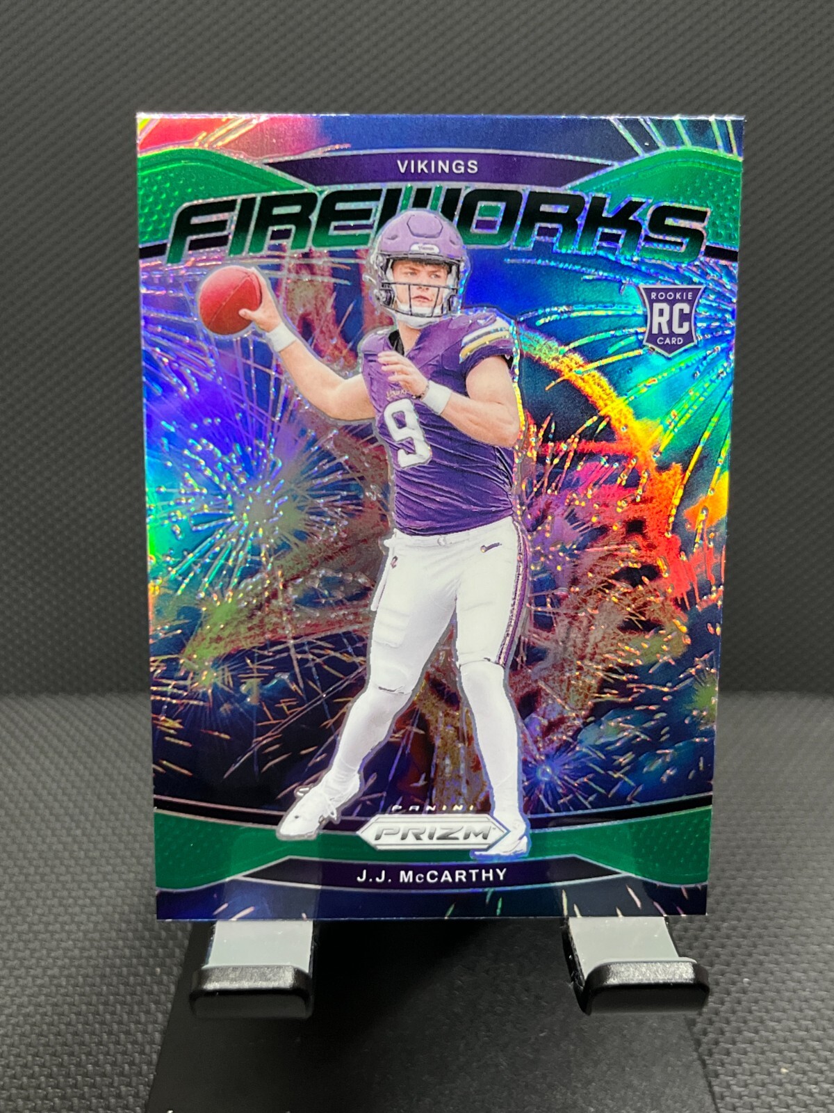 2024 Panini Prizm JJ McCarthy Green Fireworks RC #18 Minnesota Vikings