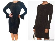 MICHAEL KORS BROWN METALLIC GOLD SHIMMER KNIT LONG BELL SLEEVE BODYCON DRESS L