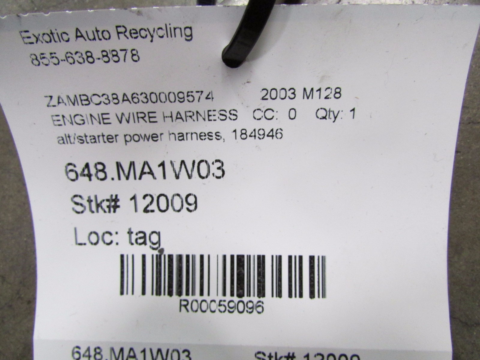 Maserati M128 Coupe, Spyder, Starter Power Harness, Used P/N 184946
