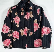Carole Little Womens Black with Pink Roses 100 Silk Quilted Jacket Size M EUC