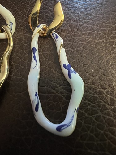 Anthropologie Asymmetrical Earrings Hoop White Blue Boho Gold Stud Enamel 18k - Picture 7 of 11