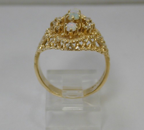 JTG VINTAGE 14K YELLOW GOLD OPAL & DIAMOND FILIGREE RING~SIZE 9 1/2~LARGE - Picture 5 of 6