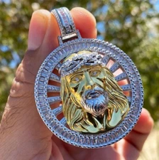 3Ct Round Real Moissanite Jesus Face Medallion Pendant 14K Two Tone Gold Plated