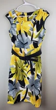 I.N. Studio Size 10P 10 Petite Floral Dress W/ Removable Belt Black Yellow Gray
