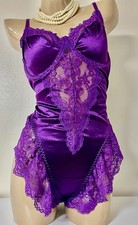 Vtg Styl Frilly Lace 2nd Skin Satin Teddy Bodysuit Sissy Purple Lingerie 2XL NEW