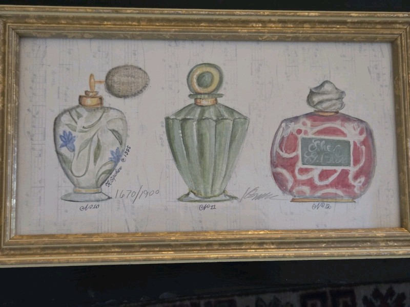 K Spicher Framed Signed & Numbered Lithograph Perfume Bottles