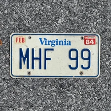 1980 1984 Virginia Vanity License Plate Auto Tag Garage Initials Name MHF 99