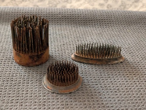 Set Of 3 Vintage Metal Flower Frogs Round Arranging Spikes