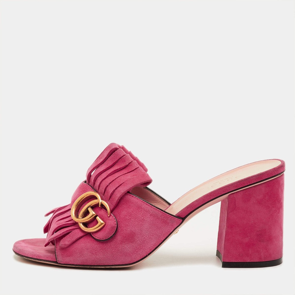 Gucci GG Marmont Fringe Pink Suede Leather Open Toe Slide Sandals