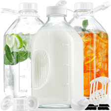 3 Pack 64 Oz Glass Milk Bottles with Lids,2 Pour Spouts