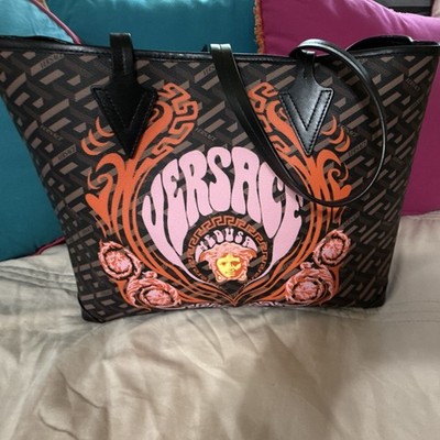 Versace Medusa Graphic Print Black Pink Orange Tote Bag Removable Pouch Logo