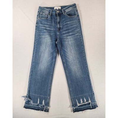 Risen Jeans Women 7/28 Straight Leg Cropped Boho Raw Hem Distressed Festival