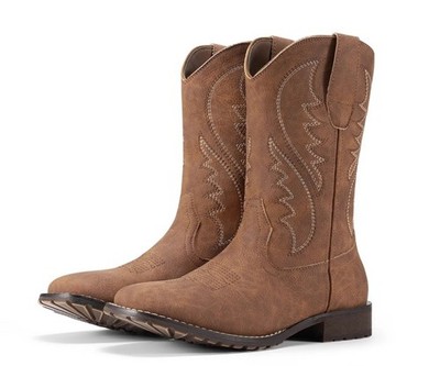 Rollda Men's Cowboy Boots Mid-Calf, Chunky Heel Square Toe, Brown, Size 11.5
