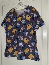 WINNIE THE POOH Women  s XL Graphic Scrub Top V-Neck Front Pockets   Charcoal NWT