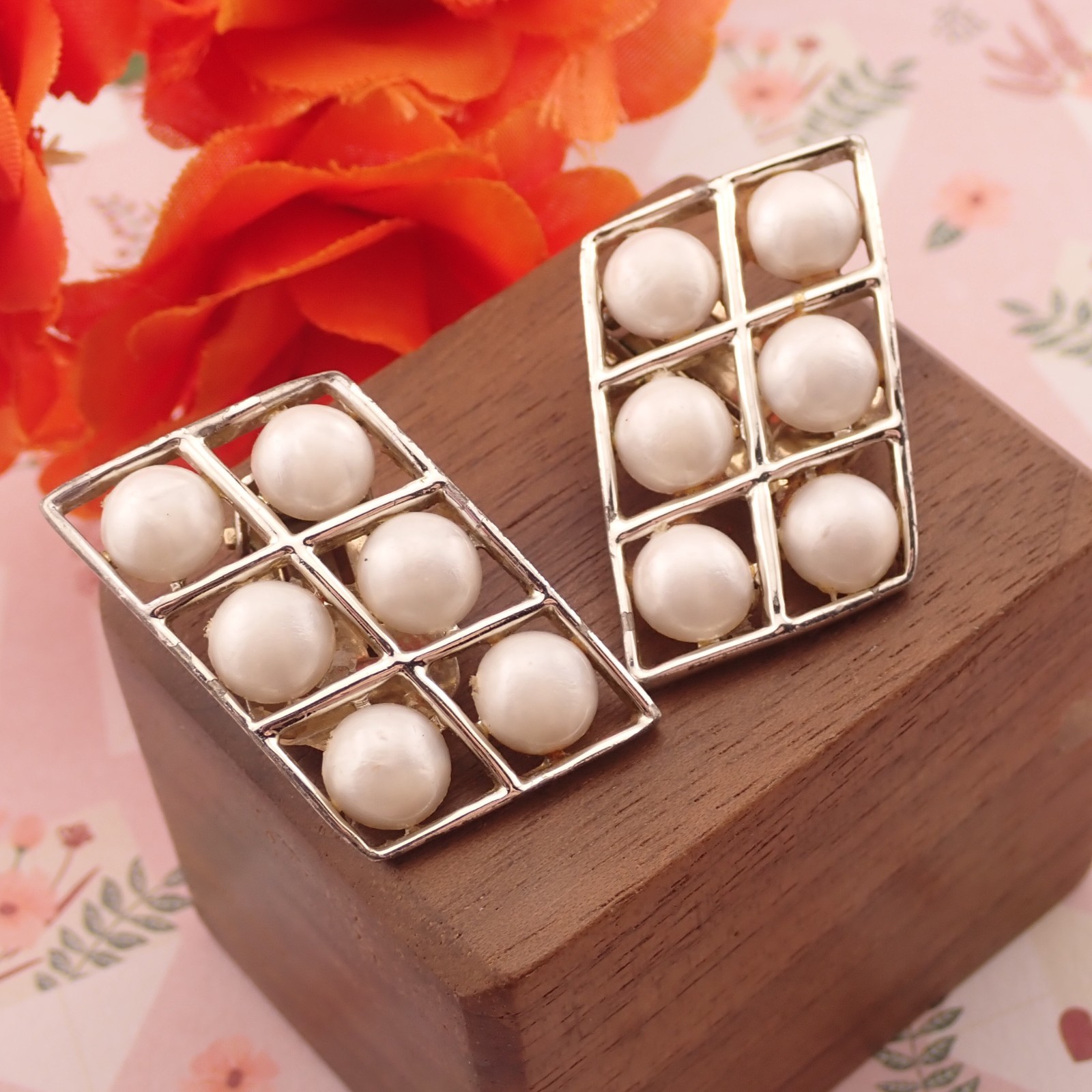 Vintage Simulated Pearl Rectangular Open Frame Si… - image 2