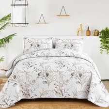 Grey Quilt Set King,3 Pieces Reversible Elegant Grey Botanical Leaves Pattern...