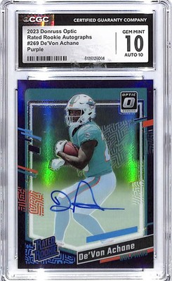 2023 Donruss Optic De'Von Achane Rated Rookie RC Auto Autograph Purple CGC 10