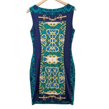 Vtg Cache Sheath Dress Blue Green Baroque Equestrian Sleeveless Boat Neck Size M