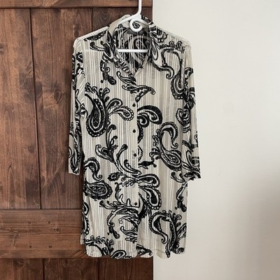 Chicos Travelers Tunic 3 XL artsy Button Down Semi Sheer Paisley Funky Boho