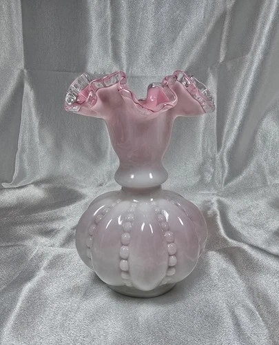 Fenton Vintage Beaded Pink Cased Glass Silver Crest Vase, Crimped
