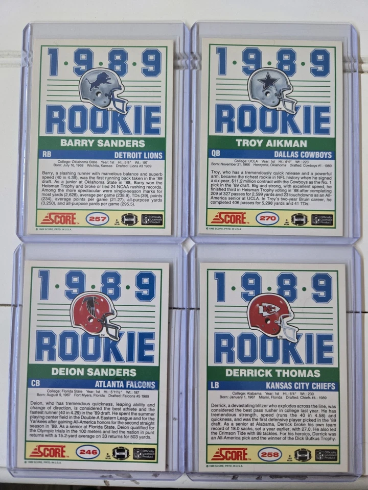 1989 Score Football Barry Sanders RC, Deion Sanders RC, Troy Aikman RC, DTHOMAS - Image 2 of 4