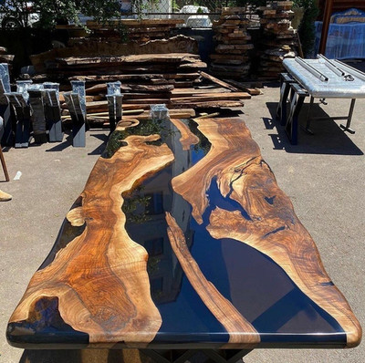 Black Epoxy Resin River Table - Rectangular Custom Top - Handcrafted Art