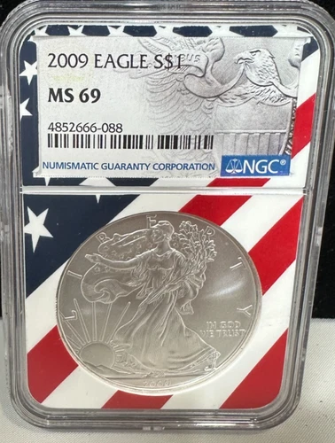 2009 $1 AMERICAN SILVER EAGLE NGC MS69 USA FLAG CORE HOLDER
