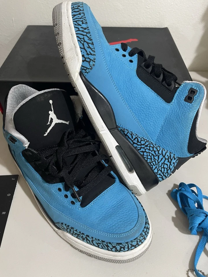 Talla 9.5 - Air Jordan 3 Retro Azul Polvo Negro Gamuza Foto 3 de 4