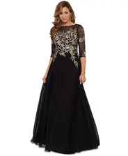 Betsy & Adam Embroidered 3/4-Sleeve Gown - Black Gold - 10