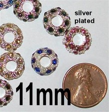 5 pcs x 11mm Mixed color silver plated rhinestone spacer beads fits European