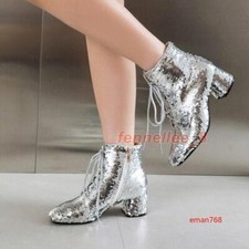 Women's Glitter Sequin Pointed Toe Ankle Boots Mid Block Heels Fall Shoes