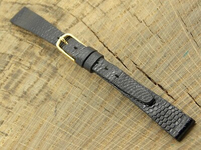 Vintage NOS Unused Black Lizard Grain Watch Band w Gold Tone 