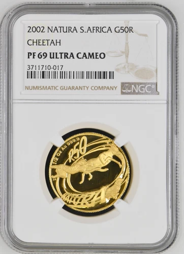 South Africa 2002 50 Rand Wildlife Natura Cheetah 1/2 Oz Gold Coin NGC PF69