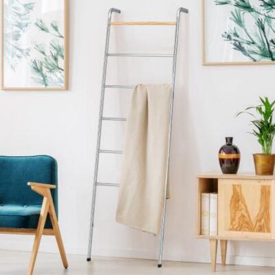 Silver Metal Wall Leaning Bath Towel Rack Storage Ladder w/ Non