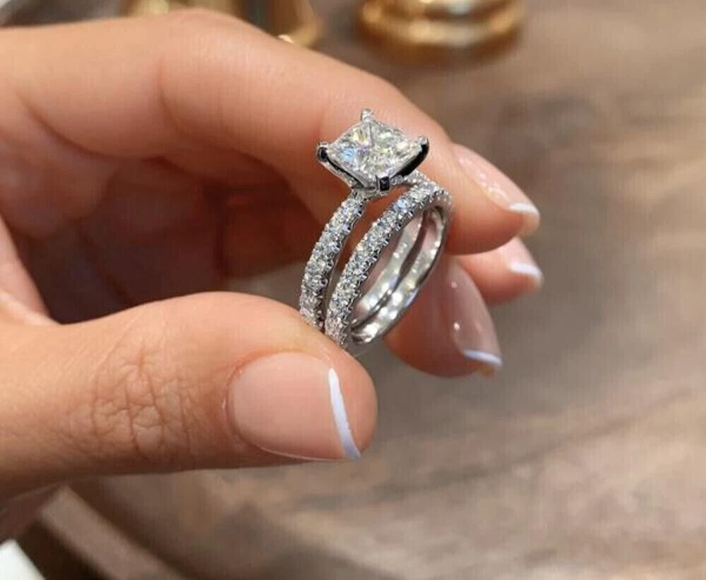 2.50Ct Princess Cut Lab Created Bridal Set Engagement Ring 14k
