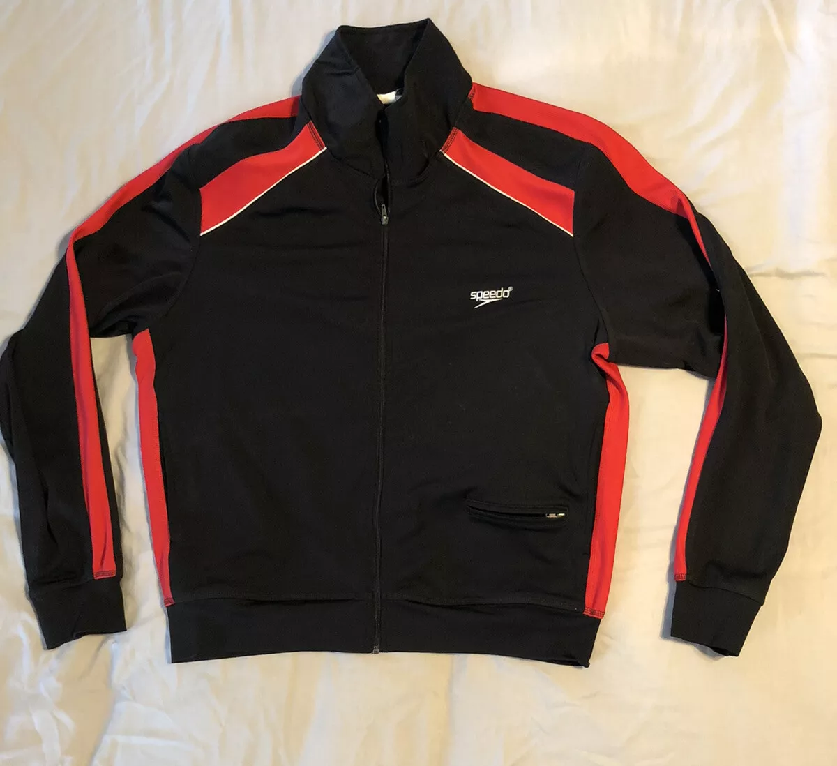 SPEEDO Jacket WARM UP Size M Polyester BLACK with RED Full Zip