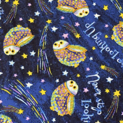 Never Stop Looking Up Owls & Stars On Blue Cotton Fabric FQ Or Continuous Cut - Picture 1 of 12