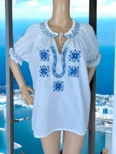 Greek Embroidered Blouse M Traditional Ethnic Sheer Top Tunic Greece White Blue