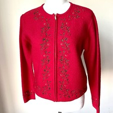 Vintage KAREN SCOTT Petite Embroidered Holly Wool Zip Up Cardigan  SZ. PS