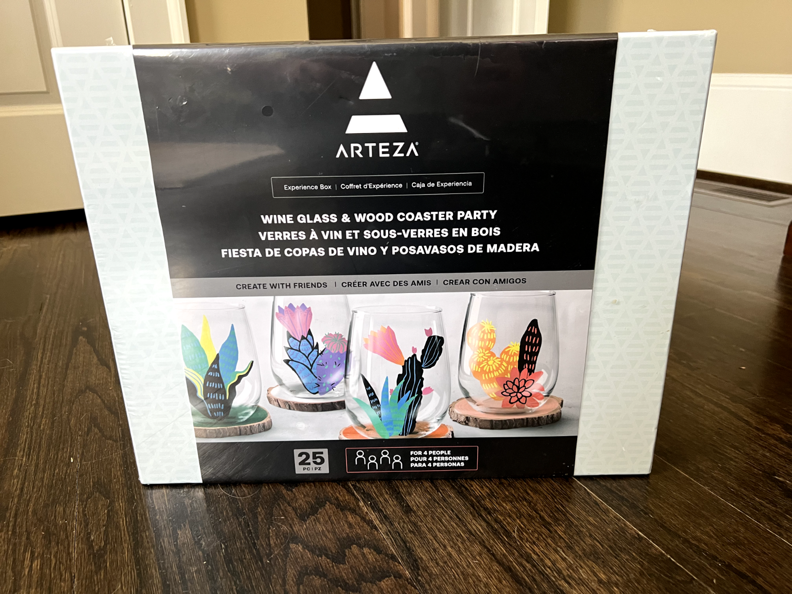 Arteza 25-Piece Wine Glass & Wood Coaster Party Set with Creative Designs  