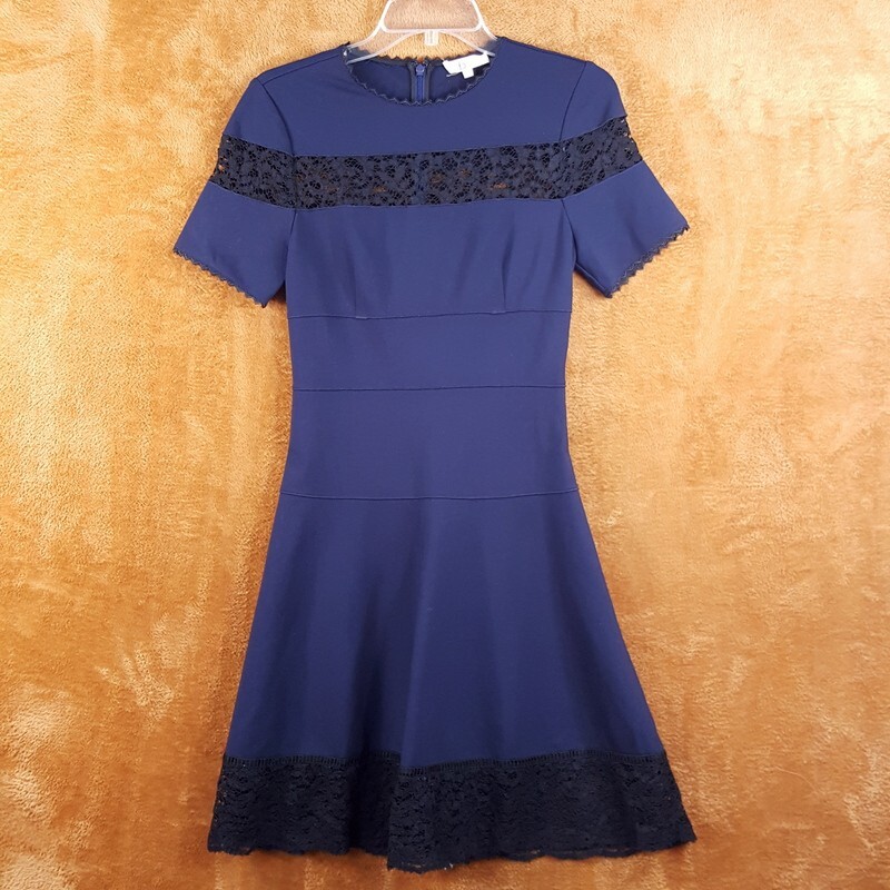 rebecca taylor blue lace dress REBECCA TAYLOR Dress Womens Size 2 Blue A-Line Fit Flare Lace Contrast Ponte