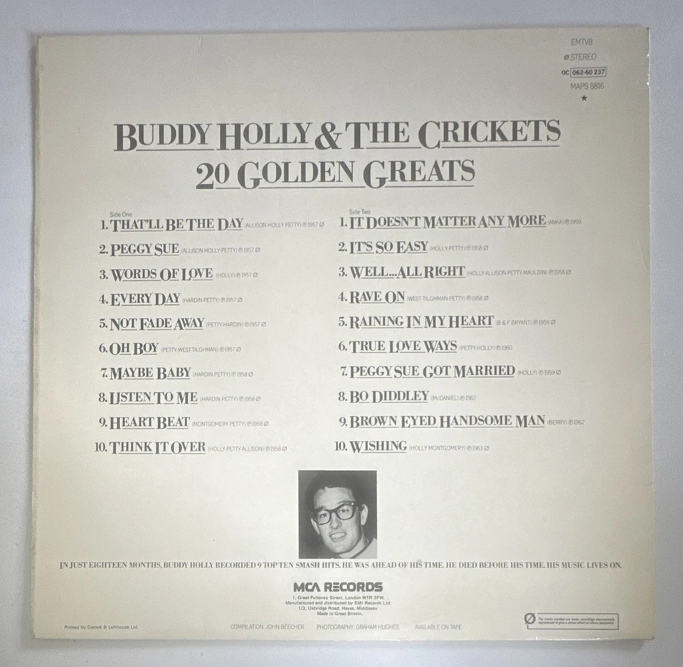 Buddy Holly & the Crickets 20 Golden Greats Vinyl Record EMTV8 1977 EX / VG+ Con - Image 3 of 4