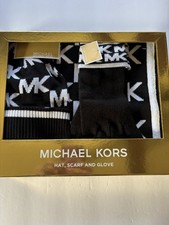 Michael Kors MK Logo Black White Knit Beanie Hat Scarf Gloves 3-Pc Set NEW 98