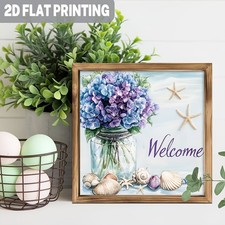 Beach Welcome Hydrangea Seashell Framed Wall Art Coastal Entryway Wooden Sign