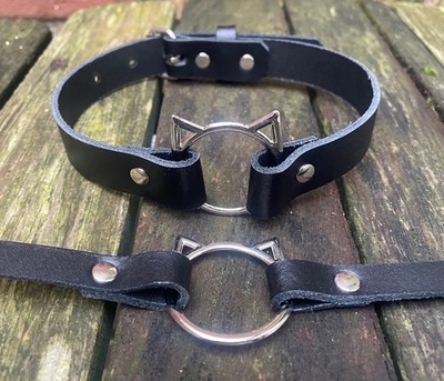 Real leather cat head ring choker necklace 10mm or 19mm wide choice of 13 colour