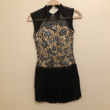 NWOT CURTAIN CALL Adult M Dance Costume Jazz Flapper Fringe Black  Gold Sequin