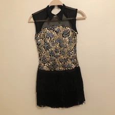 NWOT CURTAIN CALL Adult M Dance Costume Jazz Flapper Fringe Black & Gold Sequin